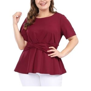 Agnes Orinda Plus Size Summer Solid Short Sleeve Knot Waist Peplum Top Size 4X